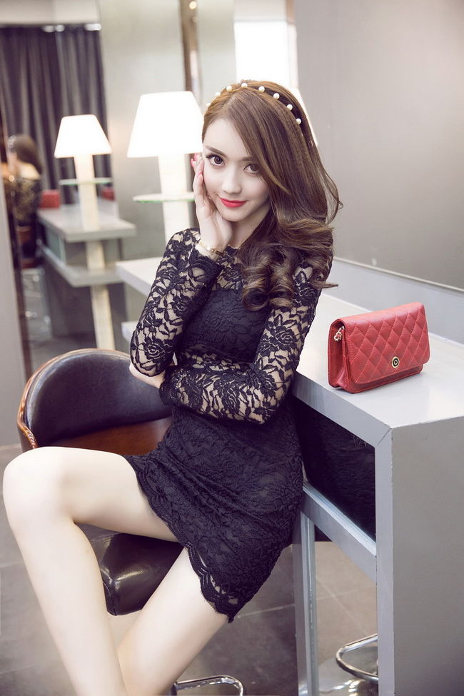 SexyKoreanStyleWomenNightClubLaceBlackPencilLongSleeveDress-PME090403BA