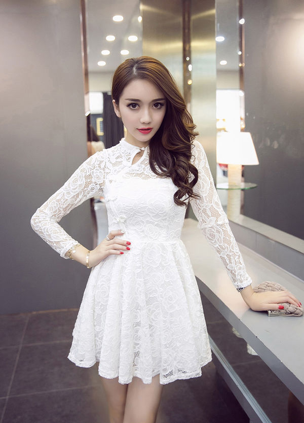 SexyLaceHollowOutMandarinCollarPrettyDress-TZK071932