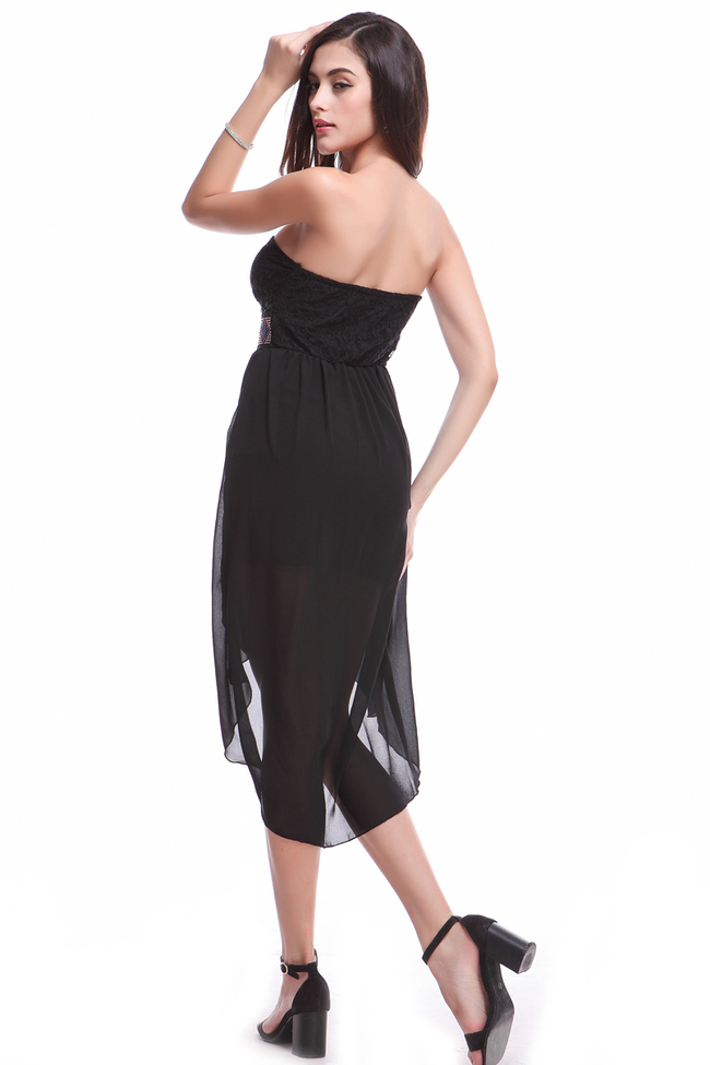 SexyStyleClubWearBeadingMidWaistStraplessPatchWorkDressBallGownBlackChiffonClubWear-ZMT080536BA