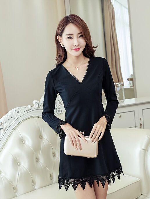 SexyVNeckLacePatchworkLittleBlackDress-TZK081915BA