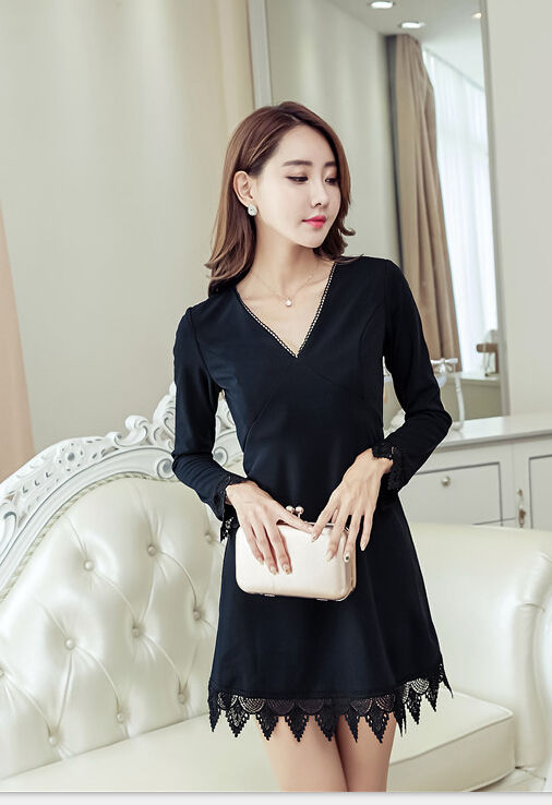 SexyVNeckLacePatchworkLittleBlackDress-TZK081915BA