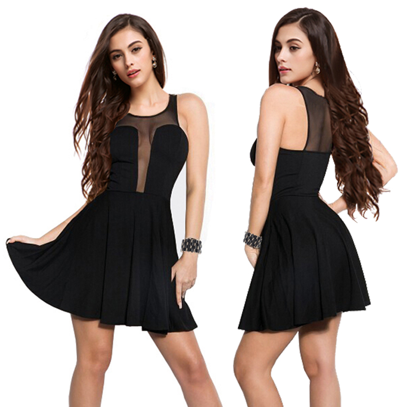 SexyWomenDressGauzeMatchingSleevelessSee-throughDressCasualBlackBarDress-ZMT111926BA