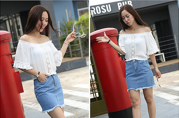 SimpleCasualBoatNeckHookFlowerKoreanBlouse-HYK070520