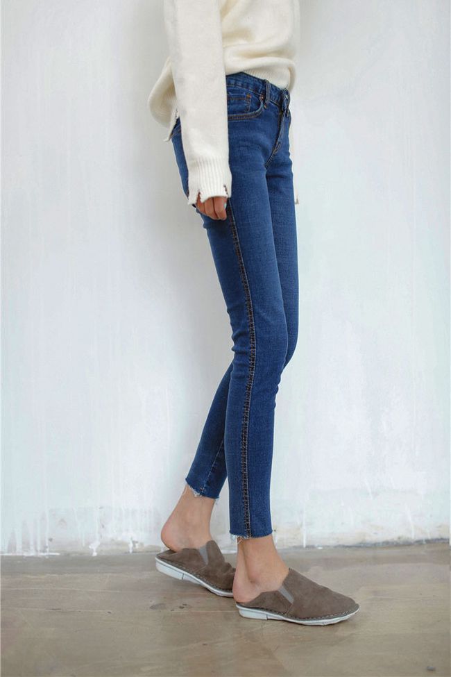 SimpleDesignDarkBlueMid-WaistRoughTightJeansForWomen-XHE081117DB