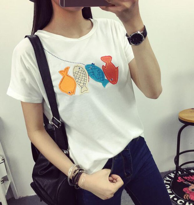 SimpleKoreanFishEmbroideryCasualT-Shirt-ZMK032522