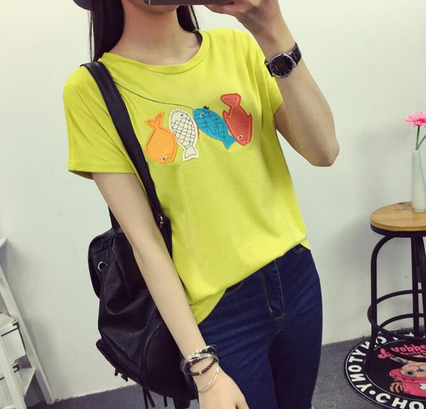 SimpleKoreanFishEmbroideryCasualT-Shirt-ZMK032522