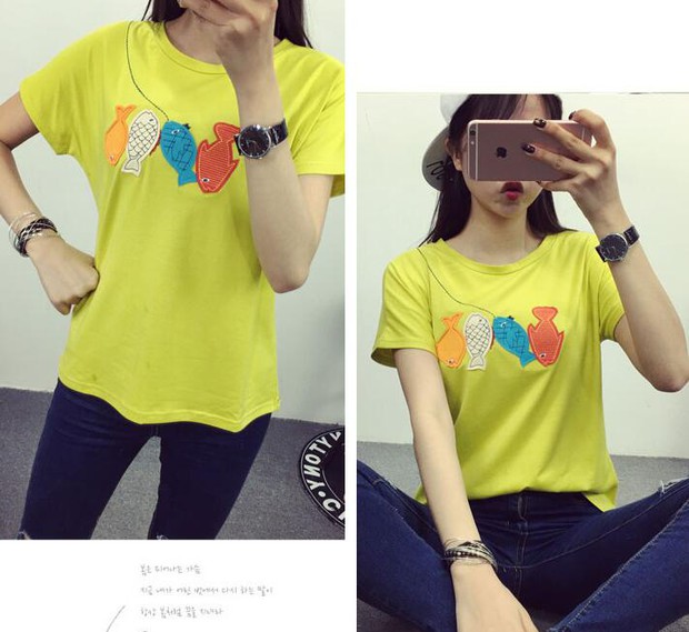 SimpleKoreanFishEmbroideryCasualT-Shirt-ZMK032522