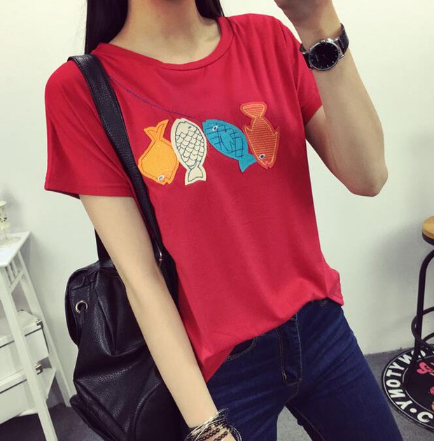 SimpleKoreanFishEmbroideryCasualT-Shirt-ZMK032522