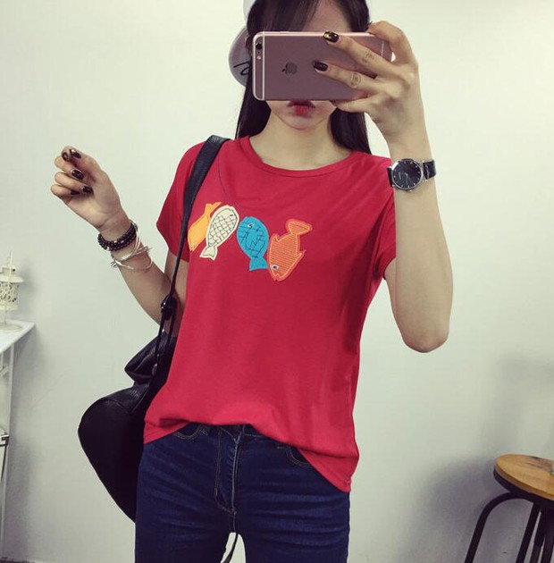 SimpleKoreanFishEmbroideryCasualT-Shirt-ZMK032522