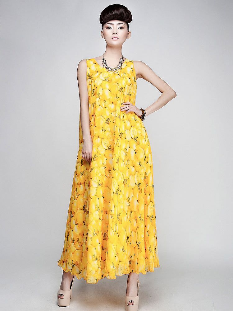 SpringFashionFruitPrintMaxiDressWithBelt-CR010306YL