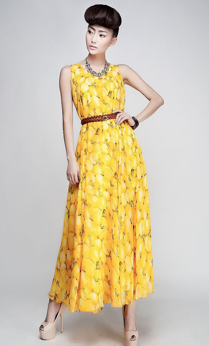 SpringFashionFruitPrintMaxiDressWithBelt-CR010306YL