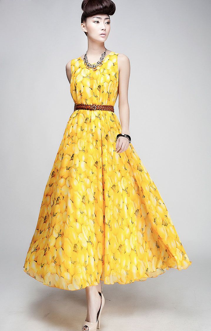 SpringFashionFruitPrintMaxiDressWithBelt-CR010306YL