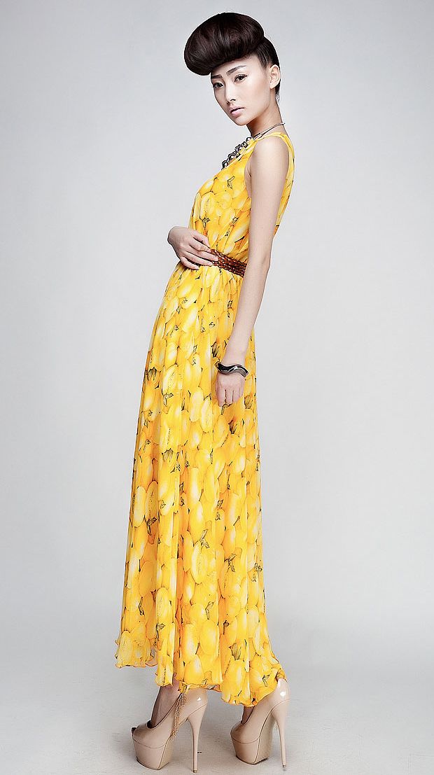 SpringFashionFruitPrintMaxiDressWithBelt-CR010306YL