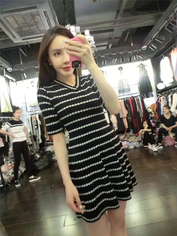 StarStyleWomenStripedHalfSleevePleatedDress-LFK040551BA