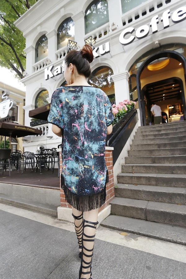 StreetStyleDoodlePrintedTasselsLooseT-Shirt-HYK050501