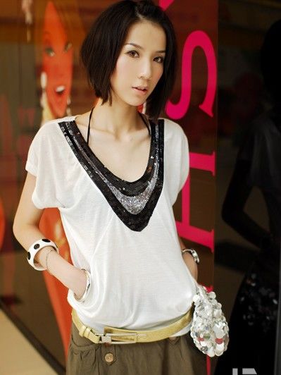 StylishLadySequinNecklineShortSleeveTee-SL111319WI