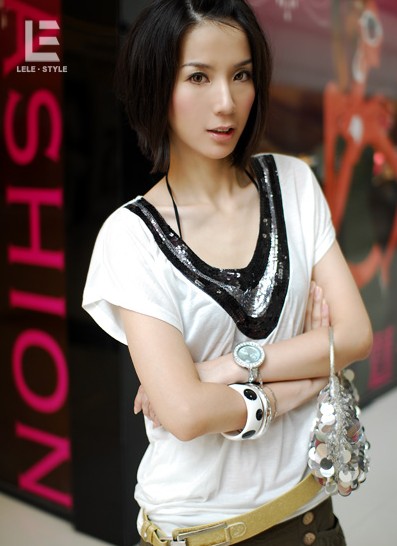 StylishLadySequinNecklineShortSleeveTee-SL111319WI