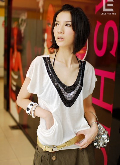 StylishLadySequinNecklineShortSleeveTee-SL111319WI