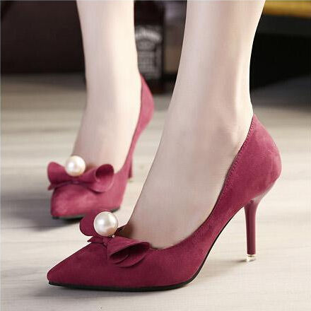 StylishSuedeRedBowPearlsEmbellishedElegantPumps-XFE081201RD