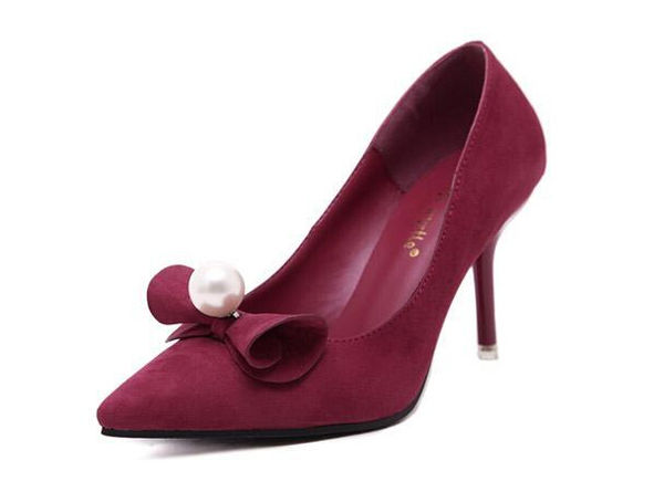 StylishSuedeRedBowPearlsEmbellishedElegantPumps-XFE081201RD