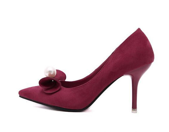 StylishSuedeRedBowPearlsEmbellishedElegantPumps-XFE081201RD