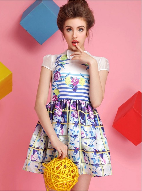 Summer2014HotDressFloralPatternBowMidWaistDressBallGownBeachStyleDress-ZMT090311