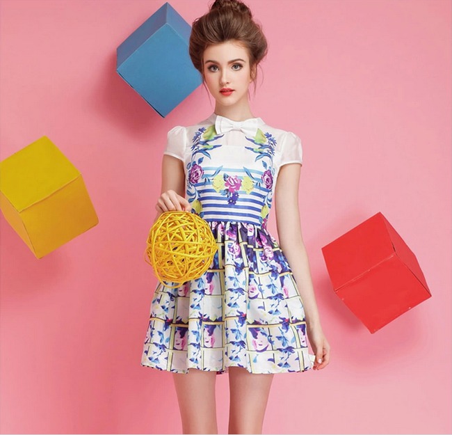Summer2014HotDressFloralPatternBowMidWaistDressBallGownBeachStyleDress-ZMT090311