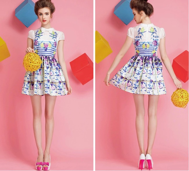 Summer2014HotDressFloralPatternBowMidWaistDressBallGownBeachStyleDress-ZMT090311