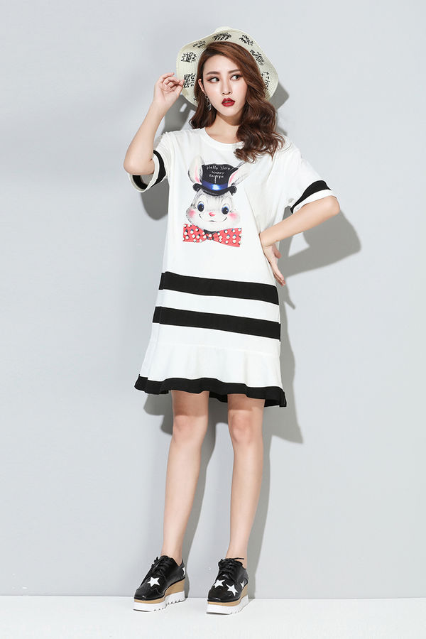 SummerCartoonPrintStripeDecoratedCrewNeckCasualDress-TZK070601WI