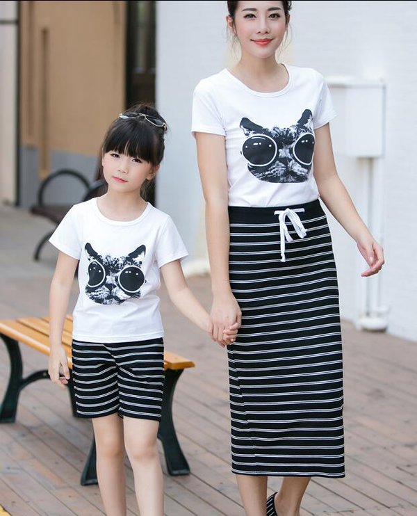 SummerFamilyOutfitPrintTShirtWithStripedSkirtPants-CMK070519