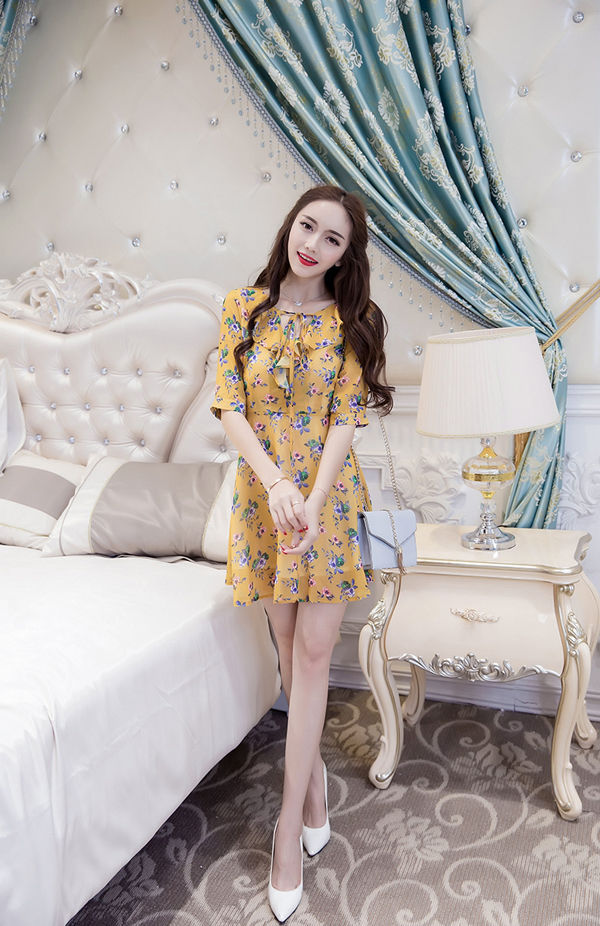 SummerFloralPrintBandageONeckShortDresses-TZK080315YL