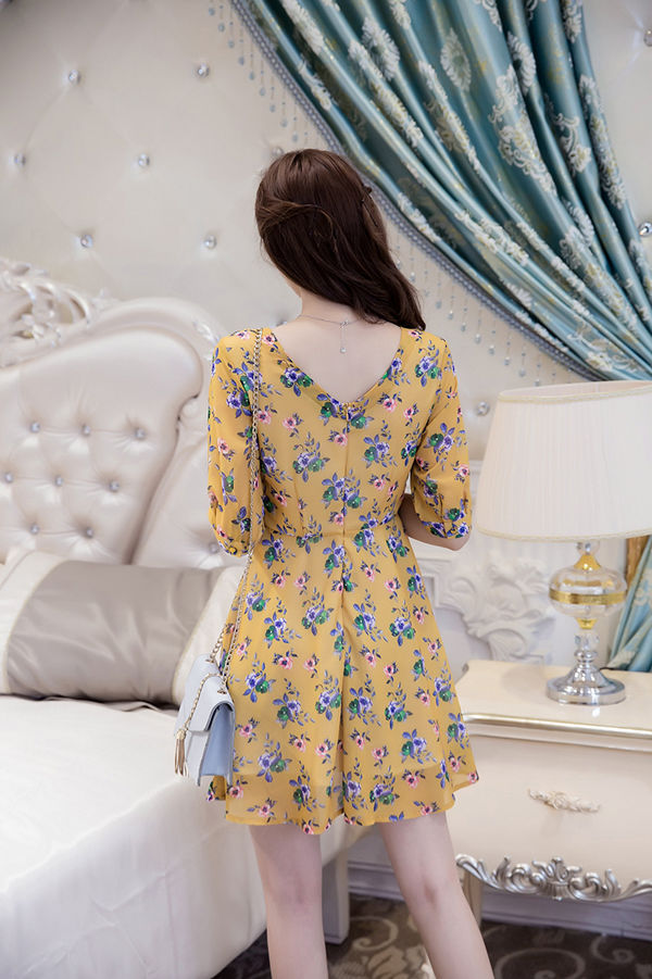 SummerFloralPrintBandageONeckShortDresses-TZK080315YL