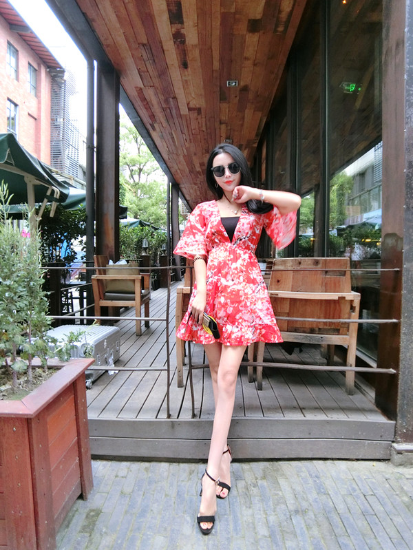SummerFloralPrintedVNeckShortBeautifulDress-TFK052551