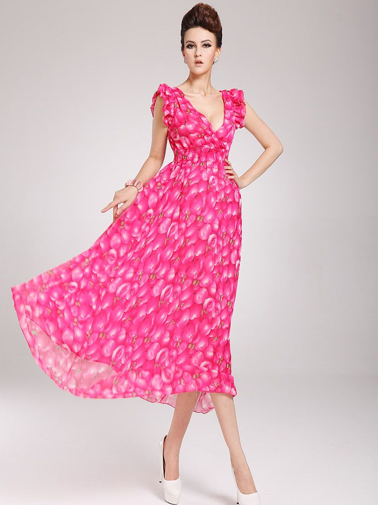 SummerLadyV-neckPeachPatternRuffledRoseMaxiDress-HR032420RS