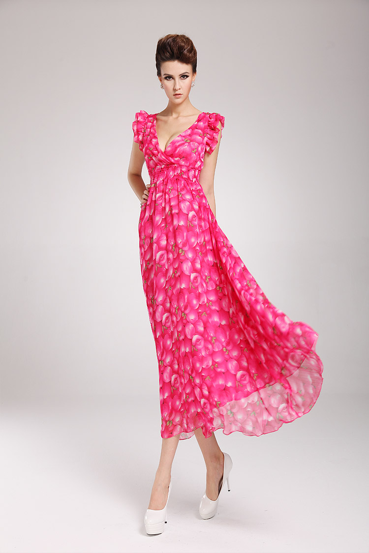 SummerLadyV-neckPeachPatternRuffledRoseMaxiDress-HR032420RS