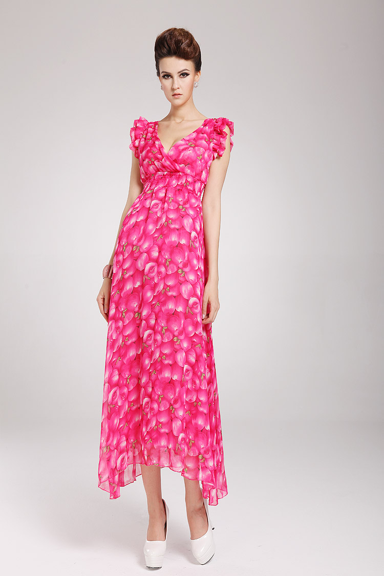 SummerLadyV-neckPeachPatternRuffledRoseMaxiDress-HR032420RS