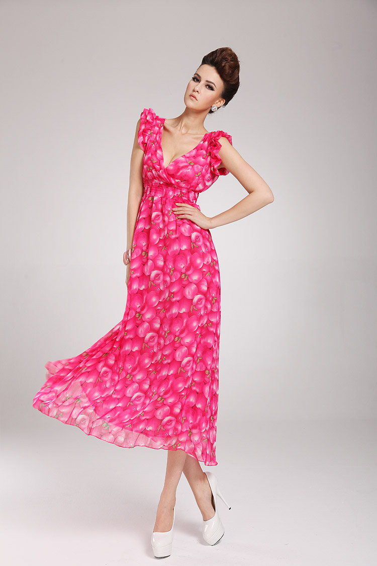 SummerLadyV-neckPeachPatternRuffledRoseMaxiDress-HR032420RS