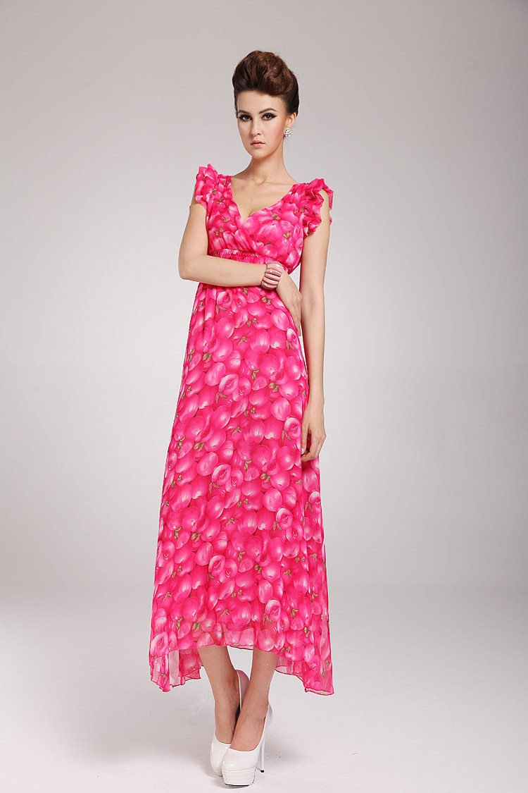 SummerLadyV-neckPeachPatternRuffledRoseMaxiDress-HR032420RS