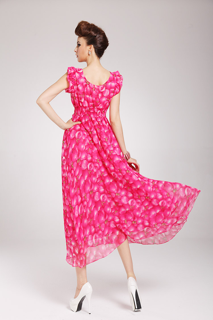 SummerLadyV-neckPeachPatternRuffledRoseMaxiDress-HR032420RS