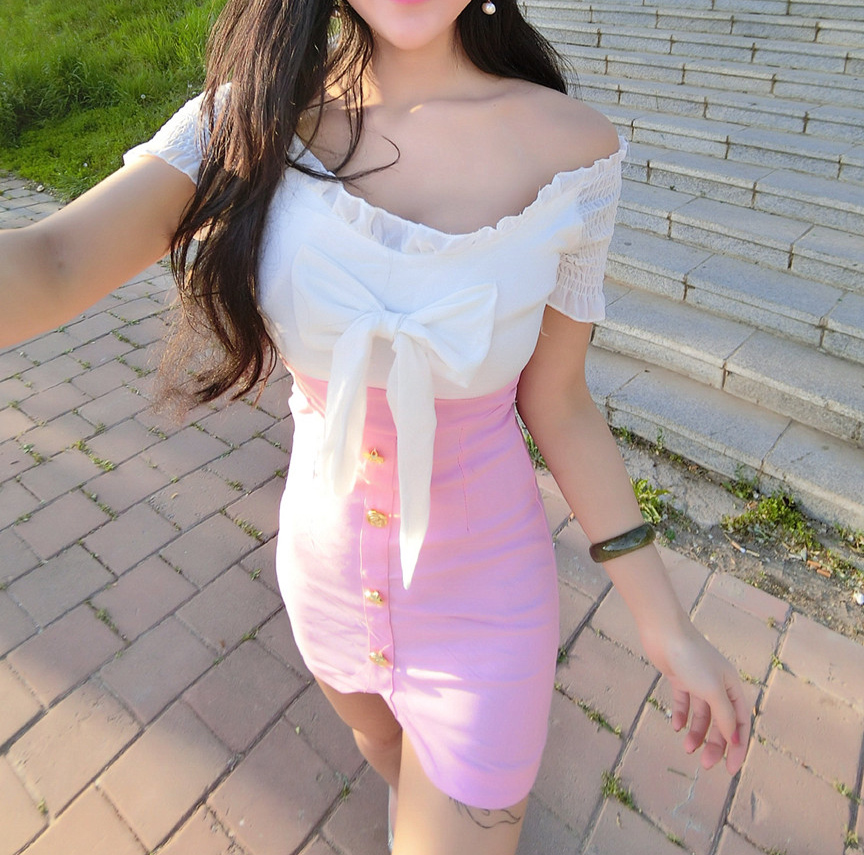 SummerSexyOffShoulderBowColorBlockSummerDress-TZK060303
