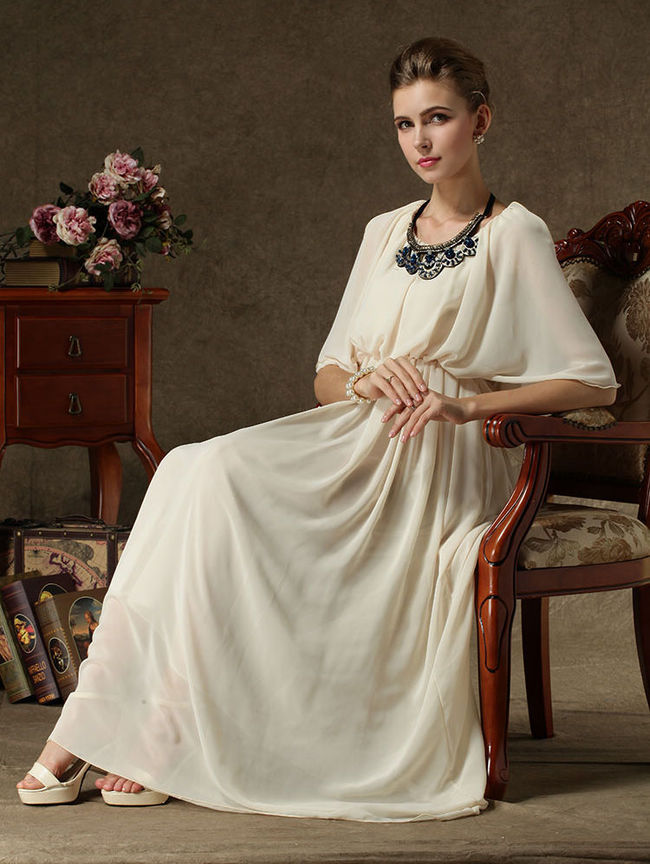SuperiorQualityChiffonDressElegantSeductivePureColorRoundNeckOffShoulderWomenEveningPartyDress-YMT082631AR