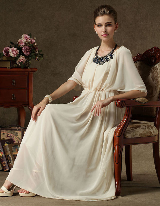 SuperiorQualityChiffonDressElegantSeductivePureColorRoundNeckOffShoulderWomenEveningPartyDress-YMT082631AR
