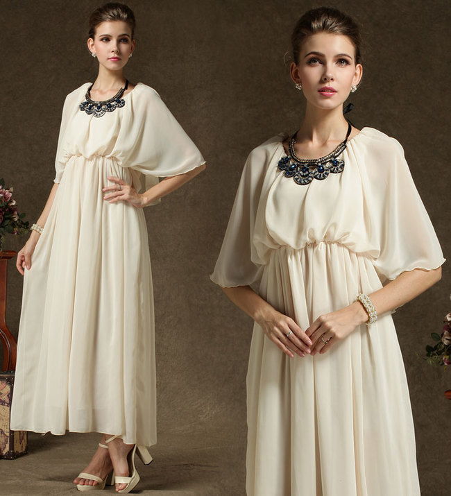 SuperiorQualityChiffonDressElegantSeductivePureColorRoundNeckOffShoulderWomenEveningPartyDress-YMT082631AR