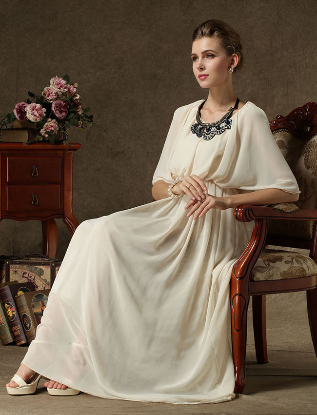 SuperiorQualityChiffonDressElegantSeductivePureColorRoundNeckOffShoulderWomenEveningPartyDress-YMT082631AR