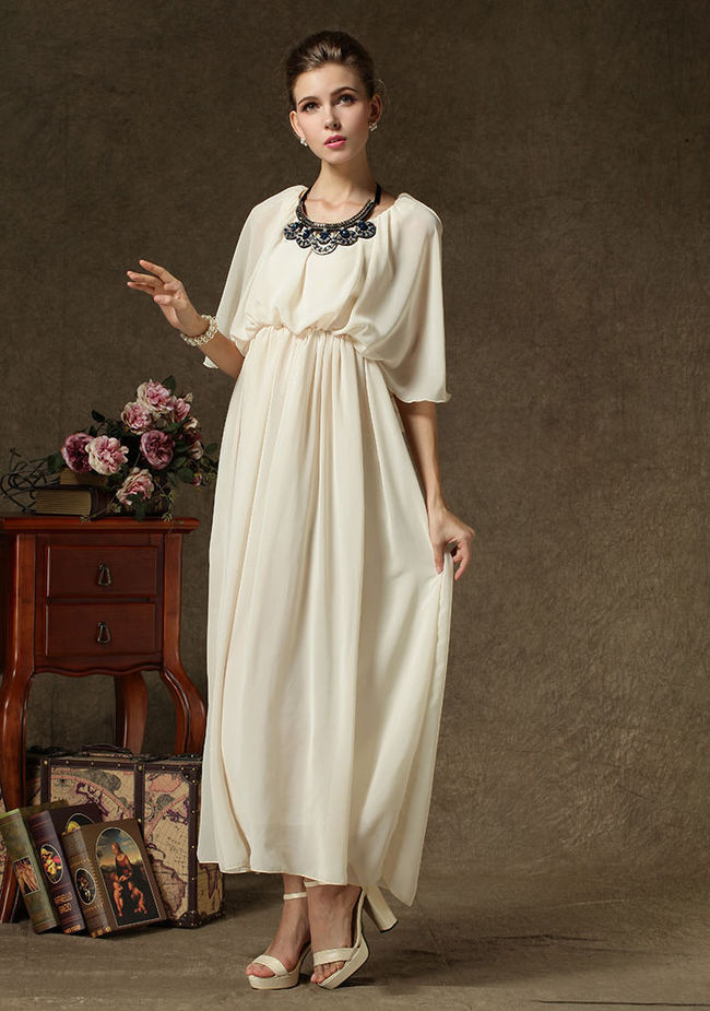 SuperiorQualityChiffonDressElegantSeductivePureColorRoundNeckOffShoulderWomenEveningPartyDress-YMT082631AR