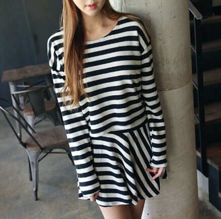 SweetGirlStripedLongSleeveCrewNeckTopWithShortPleatedSkirt-ZFE091728