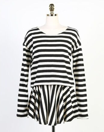 SweetGirlStripedLongSleeveCrewNeckTopWithShortPleatedSkirt-ZFE091728