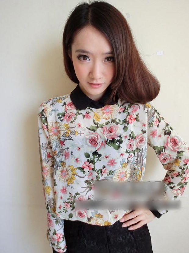 SweetGirlsFloralColorBlockSlimChiffonBlouse-YR021606BI