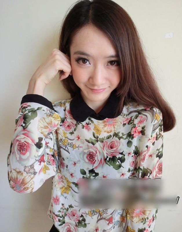 SweetGirlsFloralColorBlockSlimChiffonBlouse-YR021606BI
