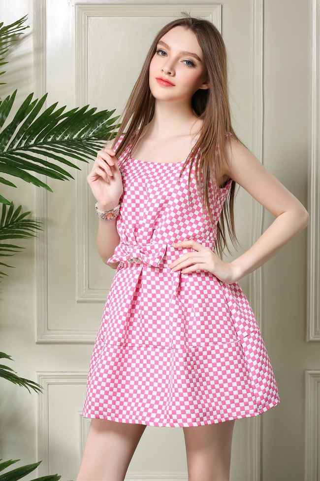 SweetGridPrintBowknotSmartWaistSunDress-DFE051326